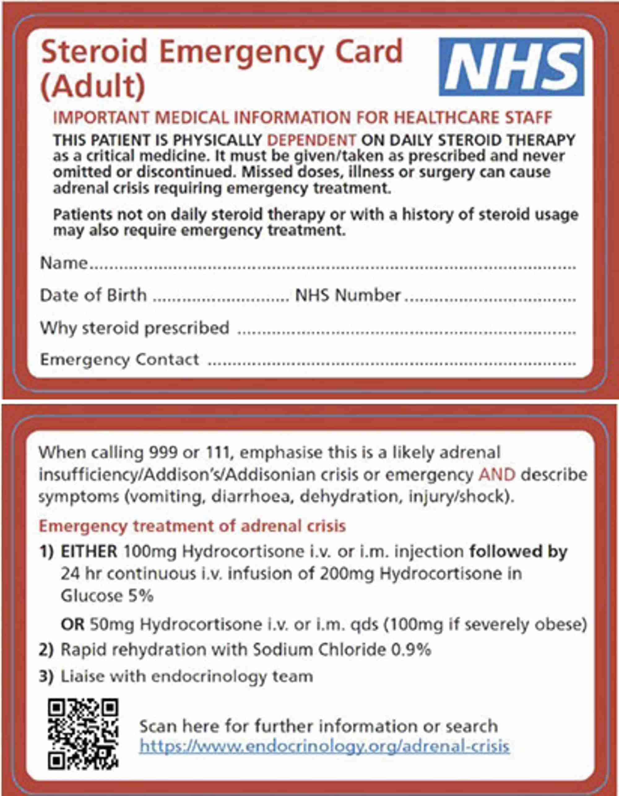 The new steroid safety card front (top) and back