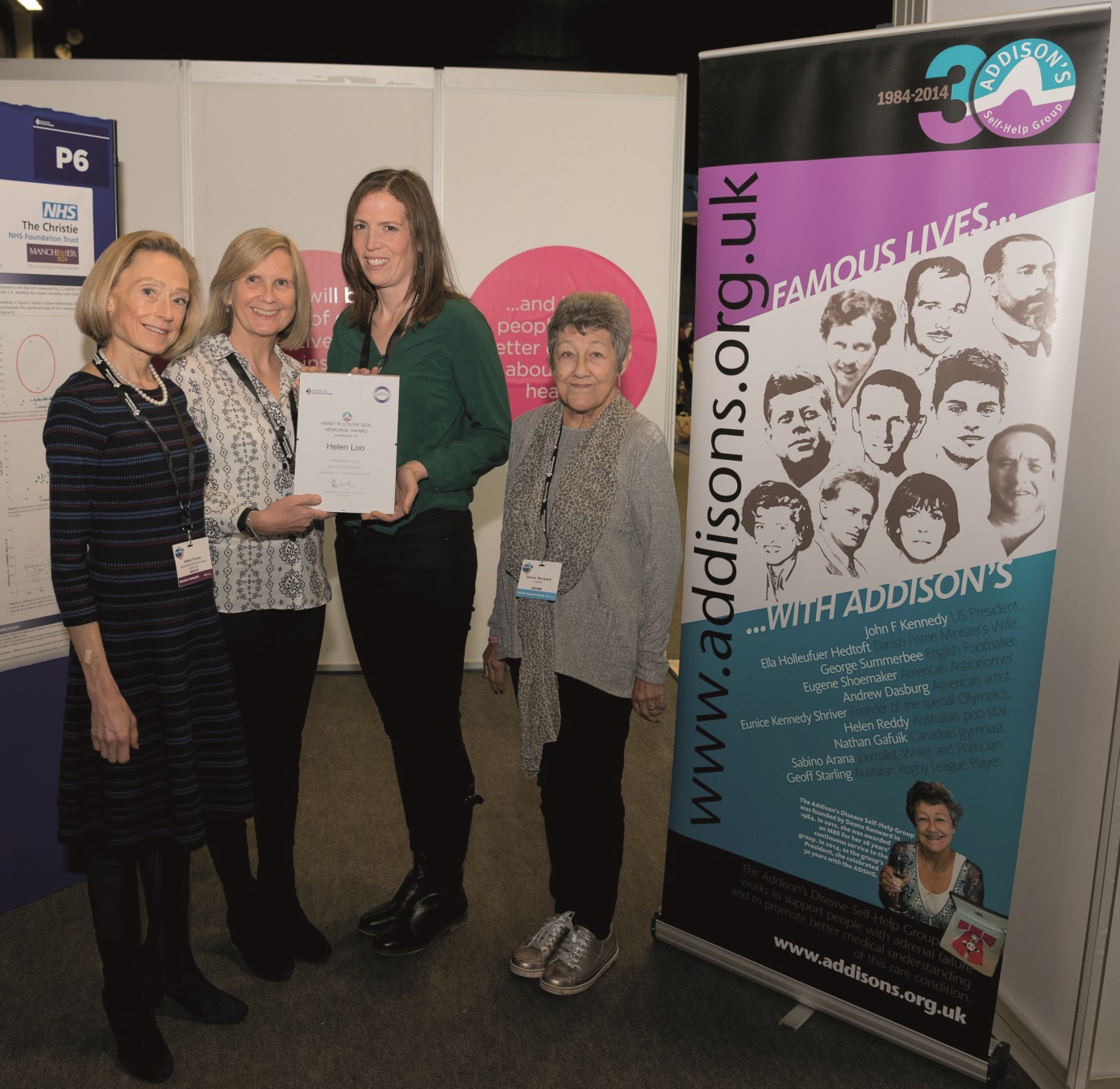 Helen receiving the Annette Louise Seal Memorial Award from the Addison’s Disease Self-Help Group at SfE BES 2019, alongside (far left) Dr Helen Turner (Consultant Endocrinologist, Oxford Centre for Diabetes, Endocrinology and Metabolism). ©H Loo