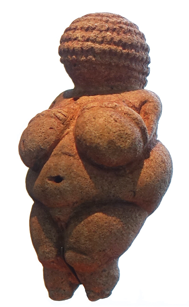 Venus of Willendorf, a female Palaeolithic limestone figurine tinted with red ochre. &#169;Naturhistorisches Museum, Vienna/Steven Zucker (reproduced under CC BY-NC-SA 2.0 licence; https://creativecommons.org/licenses/by-nc-sa/2.0)