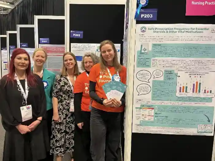 The Prescription Frequency Project Team presenting our poster at SfE BES 2026 (L–R) Lisa Shepherd, Cathy Thompson, Antonia Brooke, Emma Cooper and Amy Shingler.