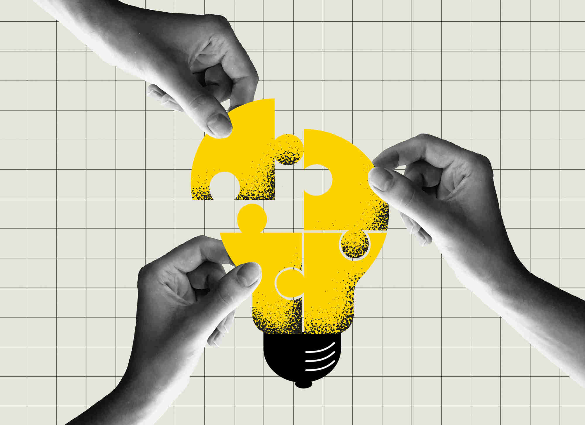 Image of several hands adding jigsaw pieces to an image of a lightbulb. Credit shutterstock.