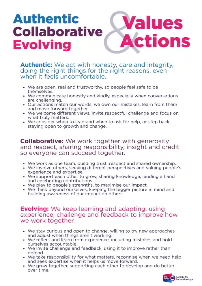 Infographic outlining three organisational values—Authentic, Collaborative, and Evolving—with definitions and practical behaviours that promote honesty, teamwork, continuous learning, accountability, and growth.